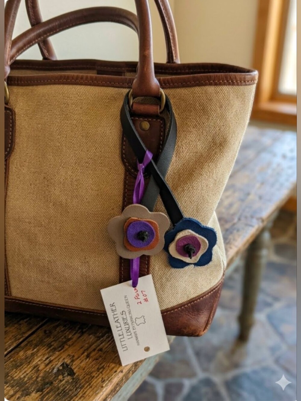 Handmade 2D Flower Genuine Leather Bag Charm Black Strap #07